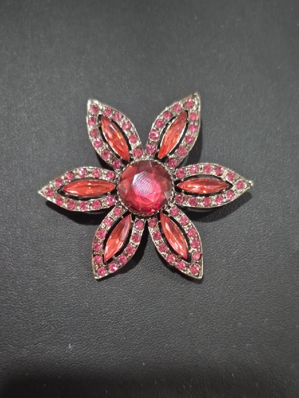 Vintage Pink Flower Crystal Brooch Signed?